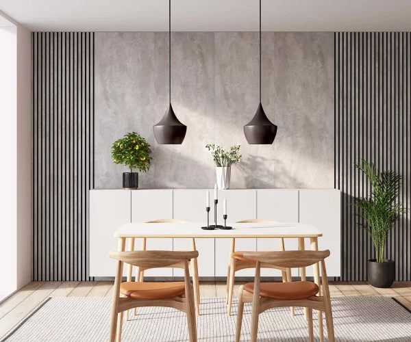 WS Zement and Ribbon-Design Zement with Black RecoSilent in dining room