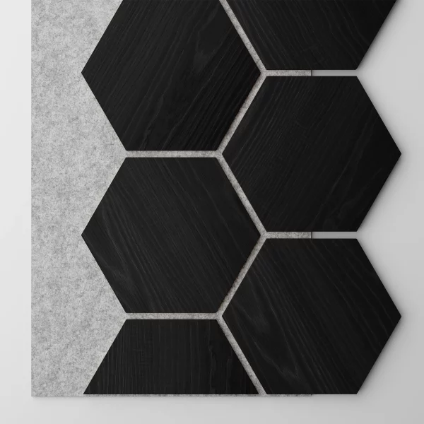 Ribbon-Hexagon Black Diamond Ash joint panel with grey acoustic felt with dimensions